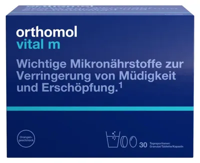 Produktbild von Orthomol Vital m für Männer - bei Müdigkeit - mit B-Vitaminen und Omega-3-Fettsäuren - Orangen-Geschmack - Granulat/Tabletten/Kapseln, 30 St. Tagesportionen