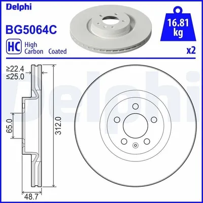 Produktbild von 2x DELPHI Bremsscheibe BG5064C für VW POLO (AW1 BZ1) 48 7mm 312mm