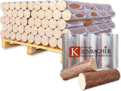A pallet of wood briquettes and loose briquettes with a logo.