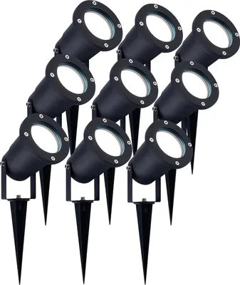 Produktbild von Ledvion - 9er Set, Gartenstrahler mit Erdspieß, IP65, 3W, 6500K, 220-240V, Tageslichtweiß, LED Strahler, Gartenbeleuchtung mit Strom, Mit GU10 Leuchtmittel, Dimmbar, Wasserdicht
