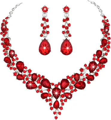 Produktbild von Set Hochzeit Ohrringe Verlängerung Kette Faux Kristall Strass Intarsien Dress Up Glitter Abendessen Frauen Schmuck Halskette Weibliche Zubehör-Rot
