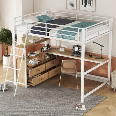 Produktbild von Hochbett, 140*200cm , Eisenrahmenbett, praktische Schubladen, stilvoller L-förmiger Schreibtisch, Laminatdesign, Ohne Matratze, Weiß