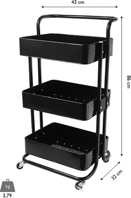 A black three-tier rolling cart with dimensions indicated.