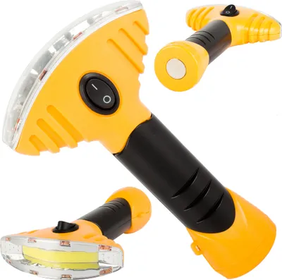 Multiple views of a yellow and black flashlight.