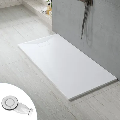 Produktbild von 160x80cm Rechteckig Extraflach Duschwanne SMC Weiß Steinoptik Duschtasse mit Ablaufgarnitur, zuschneidbar für Duschkabine & Duschwand