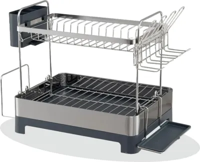 A two-tier stainless steel dish drying rack with a utensil holder and a drip tray.