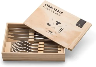 Imagen del producto de - Juego de cubiertos para carne, 8 piezas, que incluye cuchillos para carne, tenedores para carne y una caja de madera.- Juego de cubiertos para 4 personas.- Acero inoxidable