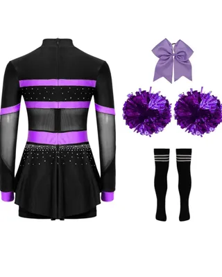 Productafbeelding van Cheerleader kostuum voor meisjes, maat 122-128, zwart en paars, met pompons. Set voor carnaval, Halloween, Fasching, feest of show