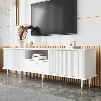 Produktbild von MODFU TV-Schrank TV-Lowboard 1 Schubladen und 2 Türen Fernsehbank mit Metallfüßen und offenen Fächern Weiß