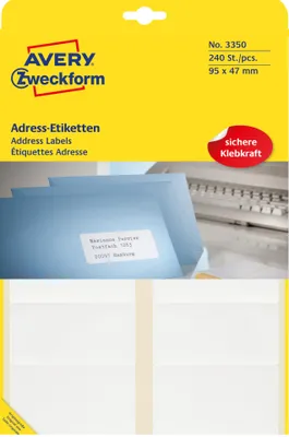 Zdjęcie produktu dla Avery Zweckform® 3350 3350 Etykiety adresowe - 95 x 47 mm, samoprzylepne, 240 sztuk