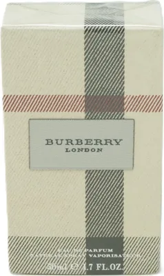 A close-up shot of a Burberry London perfume box.