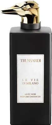 A black bottle of Trussardi perfume with a gold cap shaped like an animal's head.