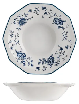 Suppenteller 20 cm, 6 Stück, Steingut, Blumenmuster, blau-weiß