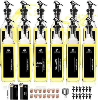 Image de Lot de 12 bouteilles en verre avec bec verseur - Bouteilles en verre pour huile d'une contenance de 250 ml - Bouteilles robustes pour huile avec 20 grandes étiquettes