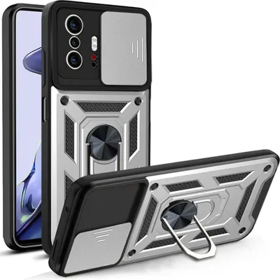 Immagine prodotto di Xiaomi Mi 11T Custodia con anello magnetico girevole a 360° Supporto per fotocamera Slide Protezione TPU Bumper Silicone Custodia protettiva per Xiaomi Mi 11T / Mi 11T Pro Argento