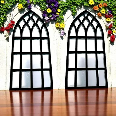 Immagine prodotto di Specchio da parete, stile gotico, arco a volta, cornice nera, grande specchio decorativo a forma di finestra, dimensioni 38 x 18 cm ciascuno, confezione da 2