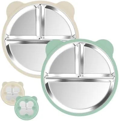 Produktbild von Edelstahl Baby Teller mit Saugnapf, 2 Stück Silikon Kinderteller mit 4 Saugnäpfen, Edelstahl Teller Baby, BPA-frei, Rutschfeste, Abnehmbare Silikonhülle, Babyteller, Kinderteller, Beige + Dunkelgrün