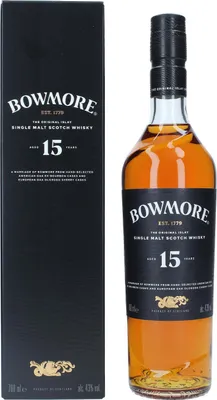 A bottle of Bowmore 15 Year Old Islay Single Malt Scotch Whisky and its presentation box.