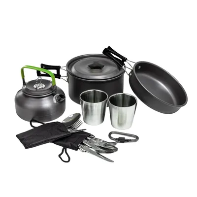 Produktbild von Camping Kochgeschirr für Outdoor Kochausrüstung mit Besteck und Tassen für 2 Personen Schwarz