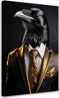 Image de Toile « Oiseau Corbeau noir en costume » 70 x 100 Feeby Gold Image pour le mur, prête à être accrochée