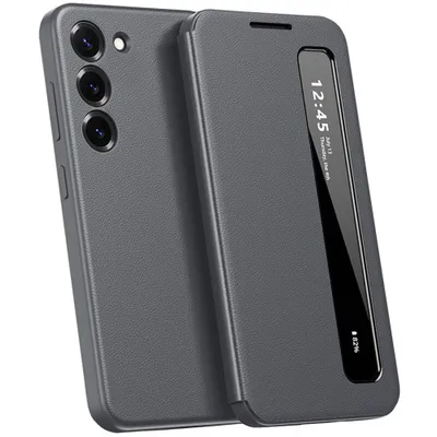 Immagine prodotto di Custodia in Pelle finta per Samsung Galaxy S22+ 5G, custodia intelligente con finestra laterale trasparente, grigia