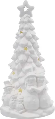 Produktbild von EMOS weiße LED Keramikdekoration Tannenbaum, mit Schneemännern und Stern-Effekten, für Innen, warmweiß, batteriebetrieben