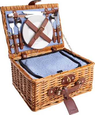 Produktbild von Handgefertigte Picknickset für 2 Personen mit Kühlfach, multifunktionsmesser, Edelstahlbesteck, Porzellan-Platten und Weingläser | BLAU