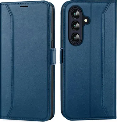 A blue flip case for a Samsung Galaxy A56 5G phone is shown from two angles.