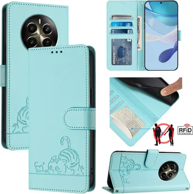 Produktbild von Leder Hülle für Realme 12+ Süße Katze Flip Case Brieftasche Schutzhülle mit Standfunktion hellgrün