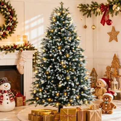 Image de Arbre de Noël artificiel de 183 cm, avec effet neige, équipé de 250 LED blanc chaud, offrant 8 modes d'éclairage, reproduction fidèle de la nature, avec des extrémités fleuries, et résistant au feu