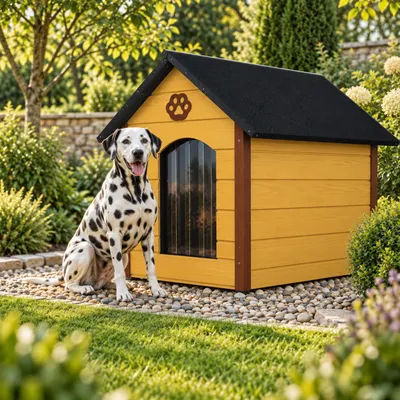 Productafbeelding van QLS Hondenhuis, afmetingen 104x74 cm, maat XL, geïsoleerd, van hout, voor buiten, honingbruin, artikelnummer 9068, AI-gegenereerde afbeelding