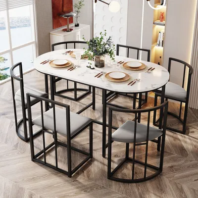 Image de Ensemble de table de salle à manger Sweiko à six chaises :(table blanche, chaises avec dossiers et coussins gris, structure en fer noir),Ensemble table et chaises de salle à manger,Ensemble de table de salle à manger moderne