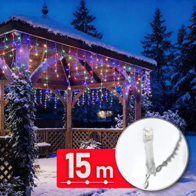 Productafbeelding van LED-lichtslinger voor kerstverlichting - 15 meter lichtgordijn met 600 LED's - Multicolor - 8 lichtstanden met timer- en geheugenfunctie - Transparante kabel - geschikt voor binnen en buiten - 220-240 V - 6 W [59770]