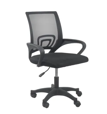 A black office chair with a mesh back and fabric seat is shown against a white background.