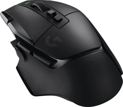 A black wireless gaming mouse is shown from a diagonal angle against a white background.