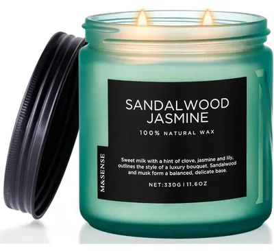 Produktbild von Duftkerze Sandelholz Jasmin im Glas 330g 2 Baumwolldochte 70 Std. Brenndauer Sojawachs