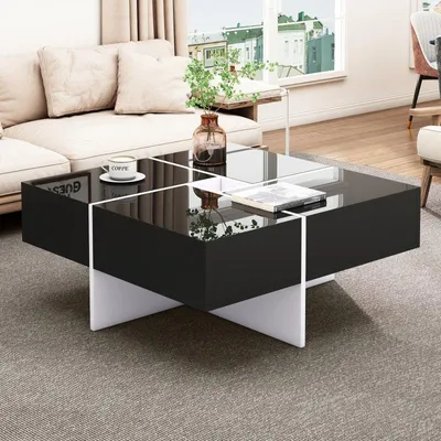 Image de Table basse – Noir et blanc brillant – 70x70x35 cm – Avec espace de rangement et 4 tiroirs