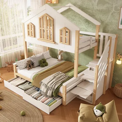 Obrázek produktu pro Dětská palanda okwish, rozměry 90/140×200 cm, se dvěma zásuvkami, s konstrukcí střechy a okny, dřevěná postel s vestavěným schodištěm a skříní, bílá, bez matrace