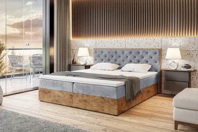 Produktbild von MEBLINI Boxspringbett mit Bettkasten - Gepolstert Doppelbett mit Matratze und Topper - Polsterbett mit Stauraum - Bett mit Kopfteil - Stauraumbett - LOFTY 3 - 180x200 - H4/Hellgrau Samt