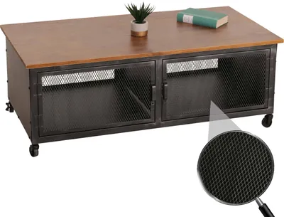 Imagen del producto de Mesa de centro HWC-N28, mesa auxiliar para sofá, con ruedas, 2 compartimentos, estructura 3D, estilo industrial retro, metal y madera, 45x120x60 cm, color /marrón
