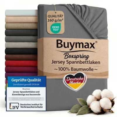 Produktbild von Buymax XL Spannbettlaken 140x200 bis 160x220 cm Anthrazit-Grau – Jersey 160 g/m² – 100% Baumwolle, passend für Boxspringbetten und Wasserbetten