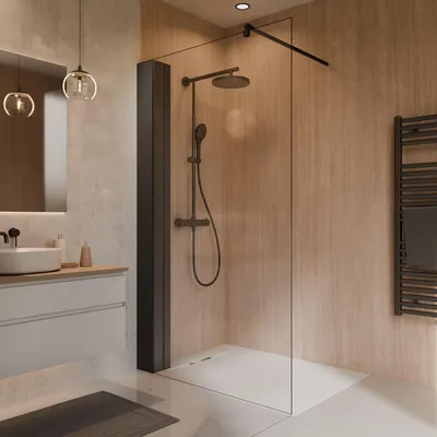 Produktbild von Schulte Duschwand Toura Walk In mit Duschregal, 120 x 200 cm, 8mm Sicherheitsglas, Profilfarbe Mattschwarz