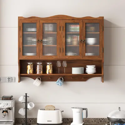 Produktbild von AIORBER Hängeschrank Holz 100 cm Wandvitrine 4 Türen mit Hakenleiste Badschrank Küchenschrank Retro Wandmontage Braun