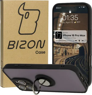 Produktbild von Bizon Case Hybrid Ring Fingerringhülle für iPhone 16 Pro Max, Rauch mit schwarzem Rahmen