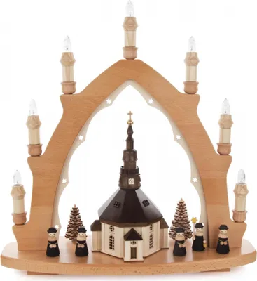 Produktbild von Lenk & Sohn Schwibbogen 6x42x43 cm 7-flammig, Ausführung:Seiffener Kirche Kurrende Rahmen natur
