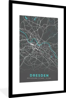 Produktbild von MuchoWow® Gerahmtes Poster Blau - Deutschland - Karte - Stadtplan - Dresden 60x90 cm - Poster mit Schwarzem Bilderrahmen Wandposter Rahmen Foto Bilder - Dekoration - Wandposter Wohnzimmer - Hochwertig
