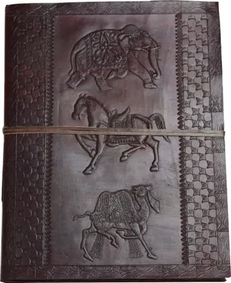 Image de L'âge d'or - XXL (DIN B4 = plus que A4) Carnet de notes en cuir à couverture rigide Livre d'or Carnet de croquis Papier de coton Fait main Inde Élépha