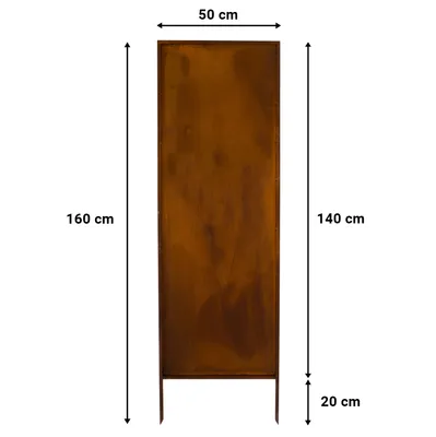 A metal garden screen with a rust-like finish, shown with dimensions indicated.