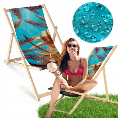 Produktbild von Liegestuhl klappbar aus Holz mit Palmen- und blauem Himmel Motiv – Klappstuhl Klappliege Sonnenstuhl Strandstuhl Gartenliege