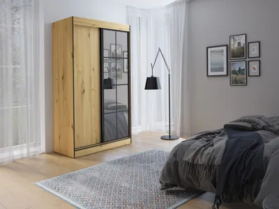 Produktbild von Easy4You OSLO II Artisan Schiebetürenschrank Kleiderschrank 120x216x65 cm mit Spiegel - Schlafzimmermöbel, Aufbewahrung – Mehrzweckschrank mit Kleiderstange